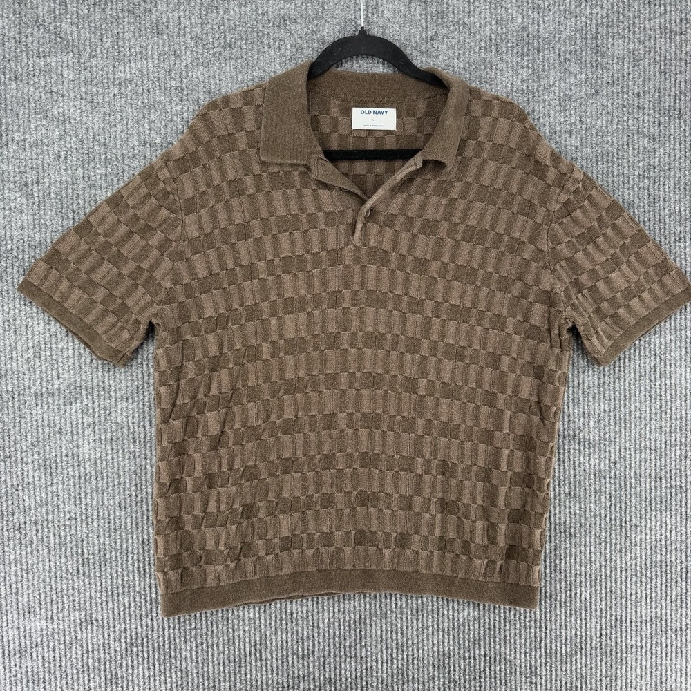Old Navy retro brown sweater-knit polo shirt mens Large textured checkerboard